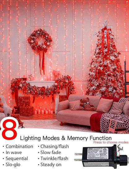 33FT 100 LED Red Valentine Lights, Connectable Red Christmas String Light Waterproof,8 Modes Clear Wire Twinkle Lights Outdoor Plug in for Valentine's Day, Wedding, Party, Christmas Decoration