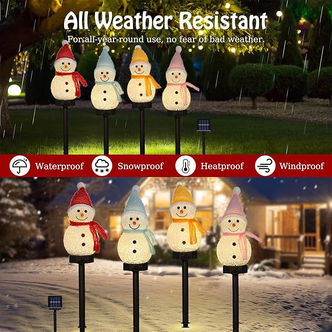 Lewondr Snowman Christmas Decorations Lights, 4PCS Solar Lighted Snowman with Garden Stakes, Waterproof Garden Lawn Pathway with 8 Lighting Modes, Solar Christmas Lights Decor for Yard Outdoor