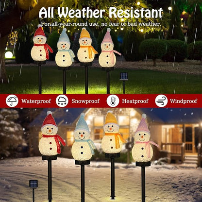 Lewondr Snowman Christmas Decorations Lights, 4PCS Solar Lighted Snowman with Garden Stakes, Waterproof Garden Lawn Pathway with 8 Lighting Modes, Solar Christmas Lights Decor for Yard Outdoor
