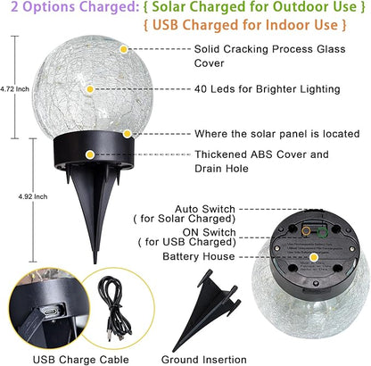 Beautyard Solar Globe Lights Outdoor Large Garden Decor USB Charged 4.72" Diameter 40LED 1000mAh Solar Cracked Glass Globe Lights for Outdoor Indoor Decor (4.72'' Large 2 Pack Colorful)