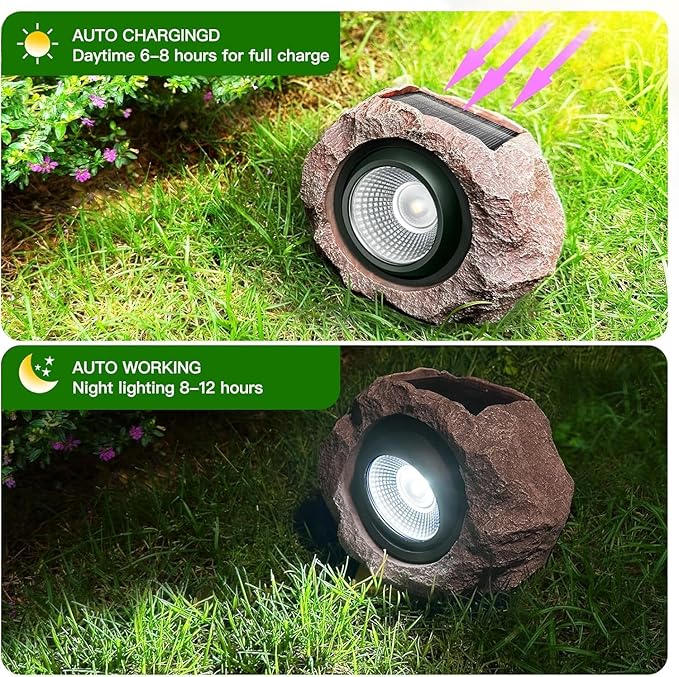 Solar Rock Lights Outdoor, Waterproof Stone LED Landscape Spotlights with Auto On/Off, Solar Lights for Garden, Pathway, Yard & Lawn