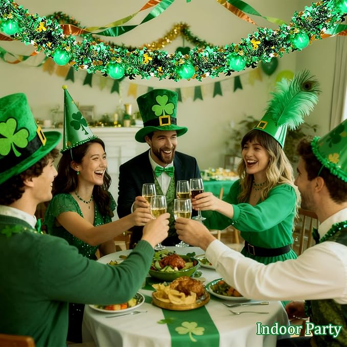 20FT St Patrick's Day Garland Lights, Plug in Outdoor Green Global String Lights and Tinsel Shamrock Garland Set, Parallel Connectable for Home Garden Irish Saint Patrick Party Decorations