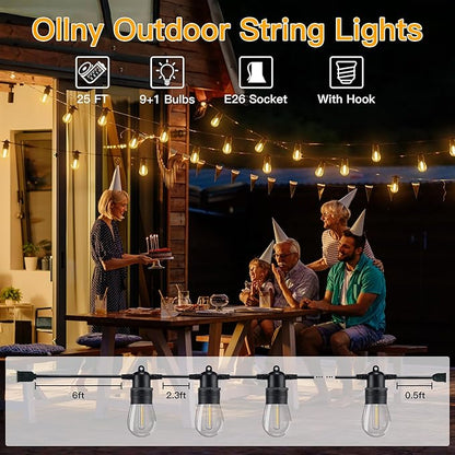Ollny Outdoor String Lights, 25 FT Waterproof Connectable Patio Lights with 9+1 Shatterproof S14 Bulbs(1 Spare), Outside Hanging Light for Balcony, Porch, Yard, Garden, Backyard (Pack of 2)