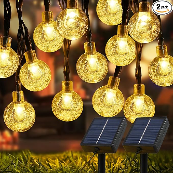 Solar Lights Outdoor Waterproof, 2 Pack Total 200LED 110FT Solar String Lights for Outside with 8 Modes, Outdoor String Lights Crystal Globe Patio Lights for Garden Yard Party Decor(Warm White)