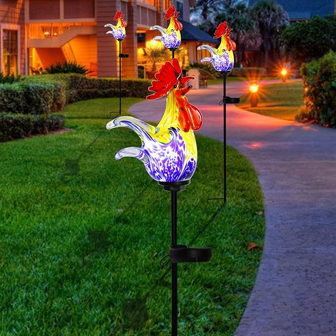 Bshine Solar Garden Decor Outdoor Rooster Light, Hand Blown Glass Waterproof Solar Light Stake Decoration Road, Path, Lawn and Yard Art for Moms, or Chicken Lovers