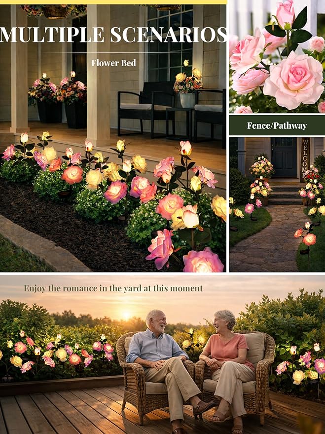 GIGALUMI Solar Lights Outdoor for Garden Decor, 6 Pack Solar Flower Lights Waterproof, 2 Lighting Modes 18 Rose Flowers for Pathway,Yard, Patio Decoration, Gardening Gifts for Women (Multi-Colored)