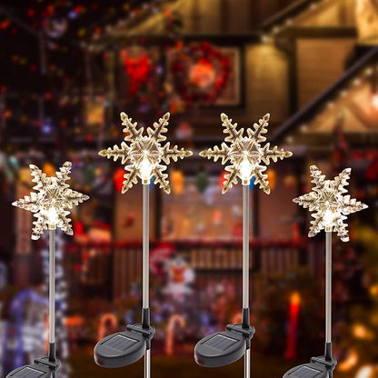 Glintoper 4 Pack Solar Christmas Snowflakes Figurine Lights, Outdoor Solar Powered Snowflake Decorative Lights with Garden Stakes, Warm White LED Xmas Lighting Yard Stake for Path Lawn Patio Decor