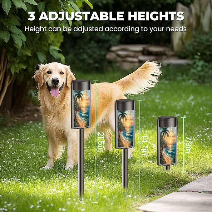 8 Pack Solar Pathway Lights Outdoor Waterproof Seascape Tropical Palm Tree Beach Blue Ocean Sea Wave Scenery Waves Solar Garden Lights LED Landscape Lighting for Yard Walkway Lawn Garden Decor