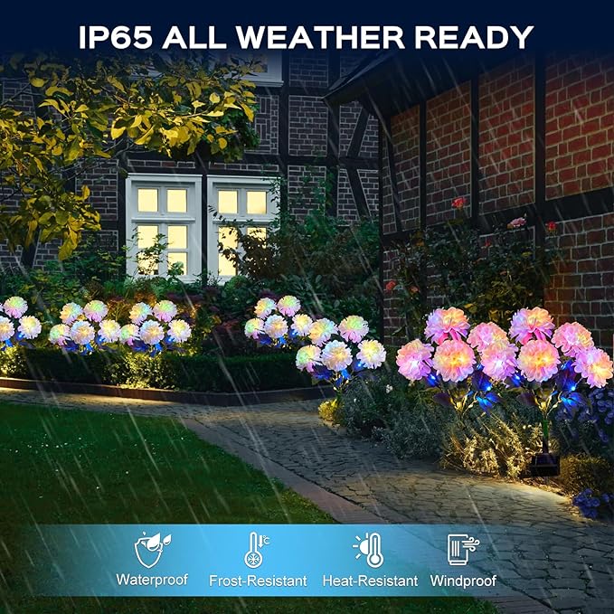 4 Pack Solar Garden Lights Outdoor, LED Colorful Waterproof Solar Powered Hydrangea Flowers Landscape Lights for Patio, Outside Yard, Pathway Decorative, Décor, Two Lighting Modes