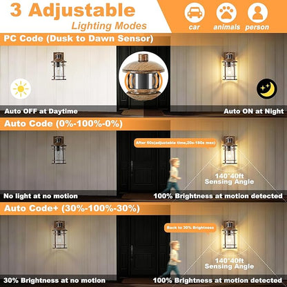 OKELI Motion Sensor Outdoor Wall Lights-Dusk to Dawn Porch Light,Faux Wood Grain Outdoor Lights Fixture,3 Lighting Modes Waterproof Anti-Rust Outdoor Lights for House Porch Garage (2 Pack