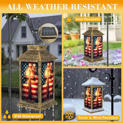 Solar Lantern Outdoor Waterproof Christian Cross American Retro Patriotic Independence Day 4th July Garden Decor LED Solar Lights Hanging/Tabletop Lamp Gifts for Women Mom for Outside Yard Patio