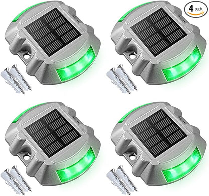 VOLISUN Christmas Solar Deck Lights Driveway Dock Lights, 4-Pack Led IP68 Waterproof Outdoor Warning Step Light for Driveway Sidewalk Garden Pathway Yard(Green, Auto On/Off