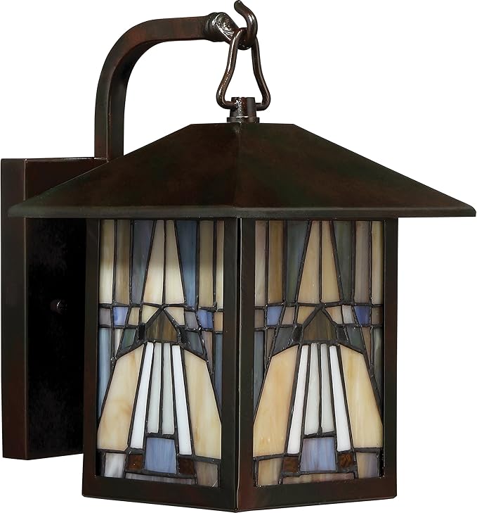 Quoizel TFIK8407VA Inglenook Tiffany Style Classic Geometric Handcrafted Mission Outdoor Wall Sconce, 1-Light 100 Watt, 11" H x 7" W, Valiant Bronze