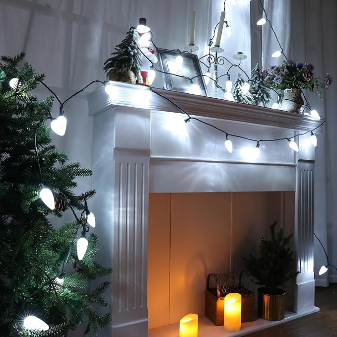 Brizled White Christmas Lights White, 33ft 50 LED C9 Christmas Light String, Connectable Outdoor Xmas Lights, 120V UL Certified Tree Light for Indoor Outdoor House, Garden, Holiday, Yard, Party