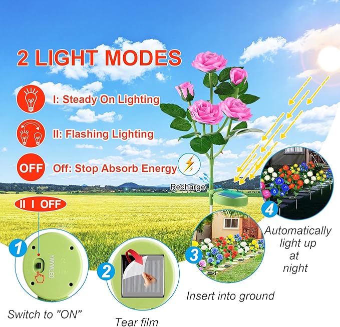 Solar Flower Lights Outdoor - Upgraded New Material Two Modes Realistic LED Solar Powered Waterproof Lights with 5 | Lumora