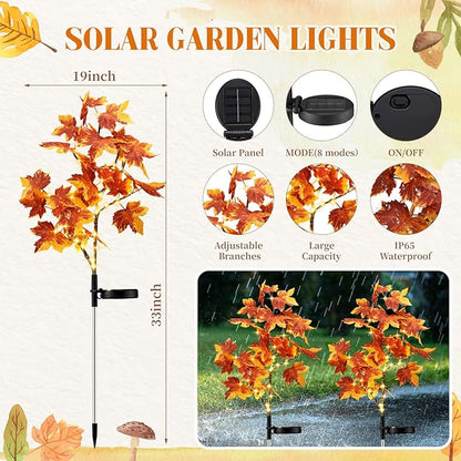 2 Pack Fall Solar Lights Outdoor Decorative, 35 LED Maple Leaf Solar Stake Lights Waterproof Fall Decor for Autumn Garden Yard Outside Pathway Halloween Thanksgiving Decorations