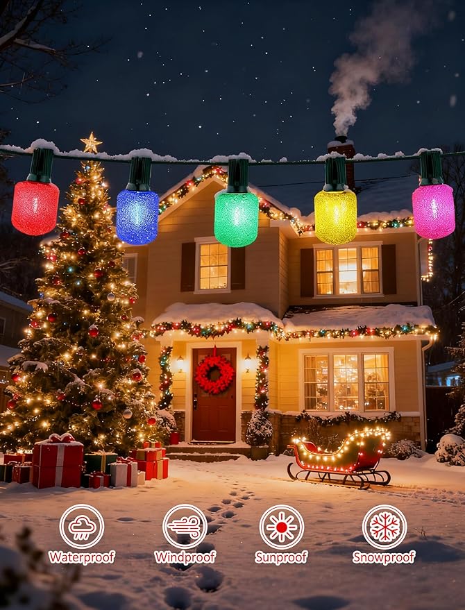 UL Certified 12 Light T40 LED Multicolor Sugar String Light - 25FT Connectable Outdoor Waterproof Party Lights for Patio, Backyard, Holiday
