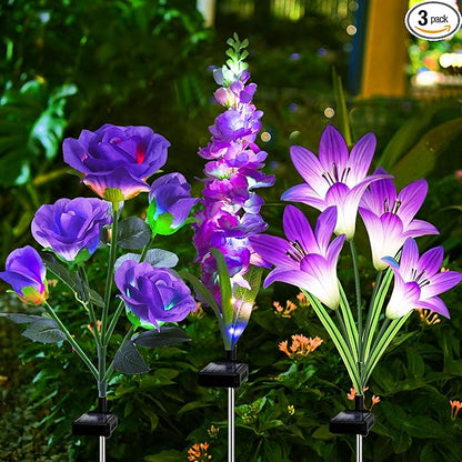 Solar Garden Lights Waterproof, 3 Pack Solar Flowers Lights Includes Lily Rose Delphinium, Gardening Gifts for Mom Grandma Women, 7-Color Changing Outdoor Decor for Garden Yard Patio Lawn
