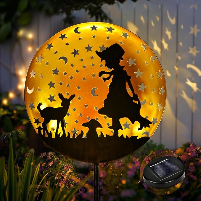 Garden Solar Lights Outdoor Shepherdess Silhouette Stakes, Waterproof Outdoor Metal Decor Gifts for Women Mom, Art Cut-Out Girl Lamb Sculpture for Yard, Patio, Garden, Porch, 1 Pack