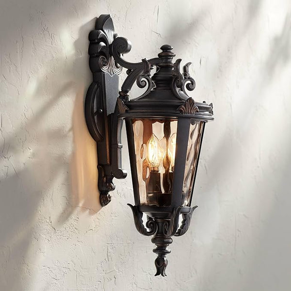 John Timberland Casa Marseille European Outdoor Wall Light Fixture Bronze Scroll 21 3/4" Champagne Hammered Glass | Lumora