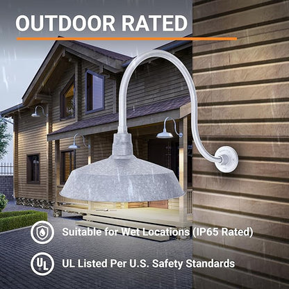 17in. Galvanized Finish Outdoor Gooseneck Barn Light Fixture with 24in. Long Extension Arm - Wall Sconce Farmhouse, Vintage, Antique Style - UL Listed - 9W 900lm A19 LED Bulb (5000K Cool White)