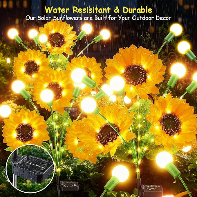 Garpar Garden Lights Solar Powered, Upgraded 4 Pack Bigger Solar Sunflowers with Swaying Firefly Lights, Brighter Waterproof Solar Yard Lights for Outdoor Garden Pathway Patio Lawn Backyard, Gift