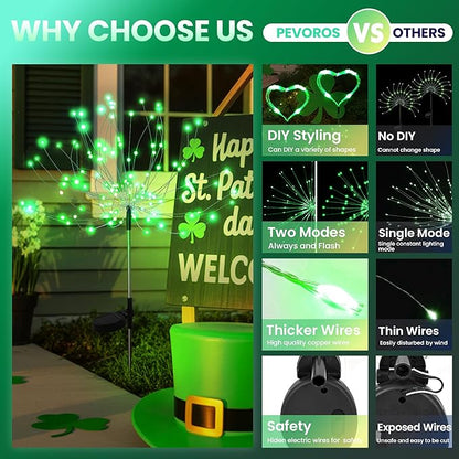 6 Pack St. Patrick's Day Solar Lights Outdoor, Solar Garden Lights Outside Fairy Firework Decorative,Solar Powered for Wedding,Yard Pathway Party Balcony Patio Decor (Green