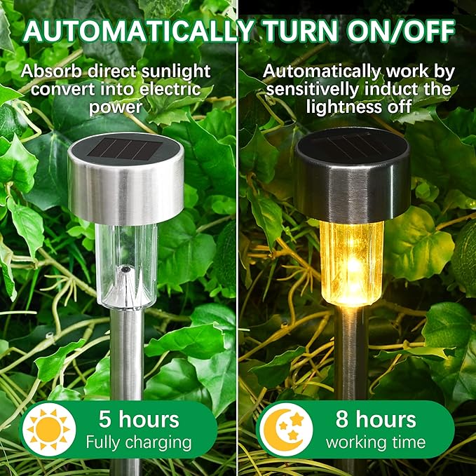 SOLPEX 12 Pack Solar Outdoor Lights Pathway, Stainless Steel Solar Lights Outdoor Waterproof,LED Landscape Lighting Solar Walkway Lights for Landscape/Patio/Lawn/Yard/Driveway-Warm White