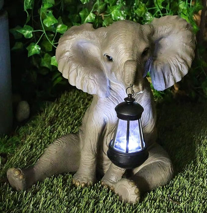 Ebros Safari Savanna Wildlife Animal Melee Adorable Pachy Elephant Statue Home Patio Decor Figurine with Solar LED Light Lantern Lamp 13.75" H Guest Greeter Elephants Path Lighter Sculpture