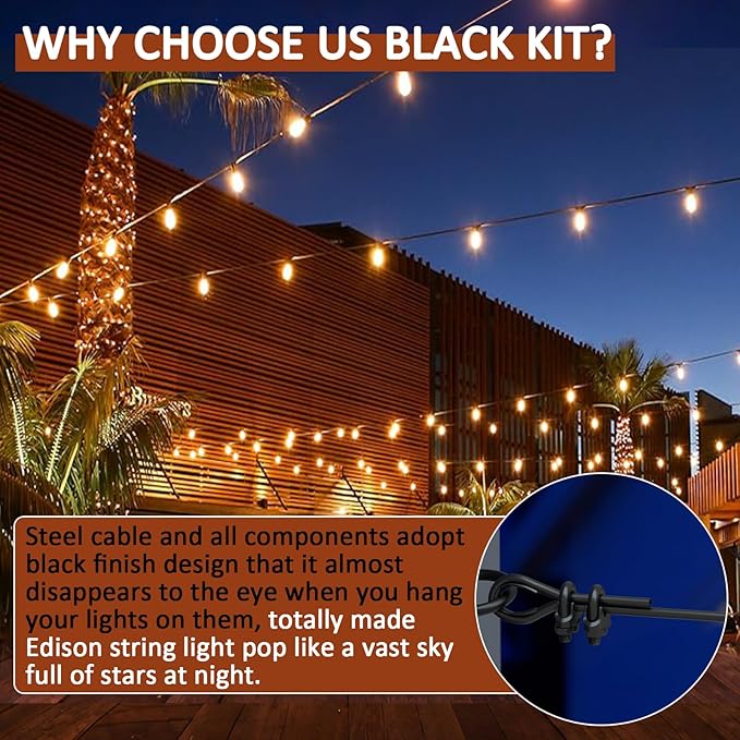 String Light Hanging Kit, Full Black Globe String Lights Suspension Kit w/ 100FT PVC Coated Steel Cable & Enough | Lumora