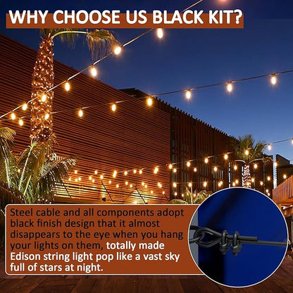 String Light Hanging Kit Outdoor, Full Black Globe String Lights Suspension Kit w/ 100FT PVC Coated Steel Cable & Enough Accessories, Guide Wire for String Light, Patio Light, Camping Light