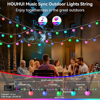 Smart Outdoor String Lights 65.6Ft, RGB IC Color Changing LED Patio Light IP67 Waterproof with 26 G40 Bulbs, Remote, App Control, Timer, Music Sync 5V Outdoor Hanging Lights for Garden Party Christmas