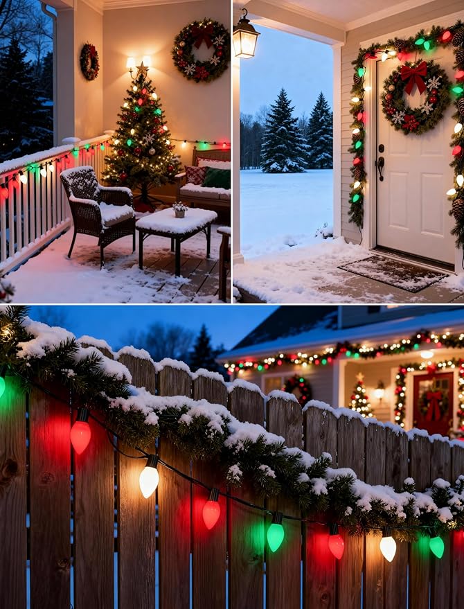 25Ft Red White and Green Christmas Lights,C7 Incandescent Christmas Lights with 27 White Red and Green Light Bulbs, Hanging Outdoor String Light for Tree Patio Wedding Party Decoration
