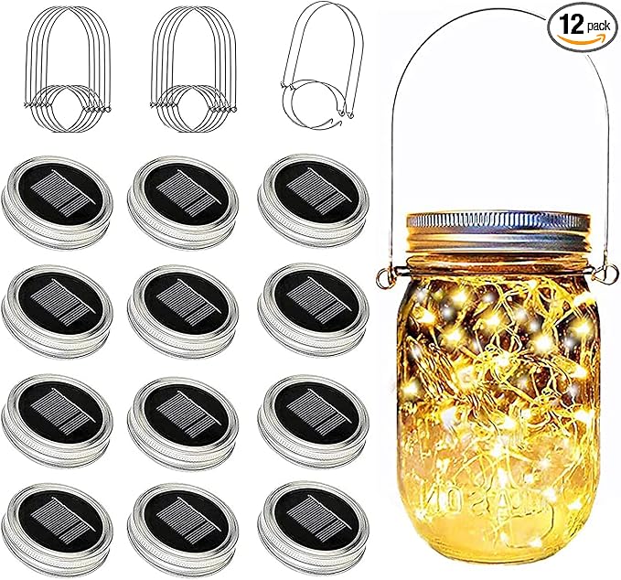 YJFWAL Mason Jar Solar Lights, 12 Pack 30 LED Mason Jar Solar Fairy Lights, Lantern String Lid Light with Hangers for Garden,Patio,Yard,Party,Birthday,Wedding, Christmas Decoration(No Jars)
