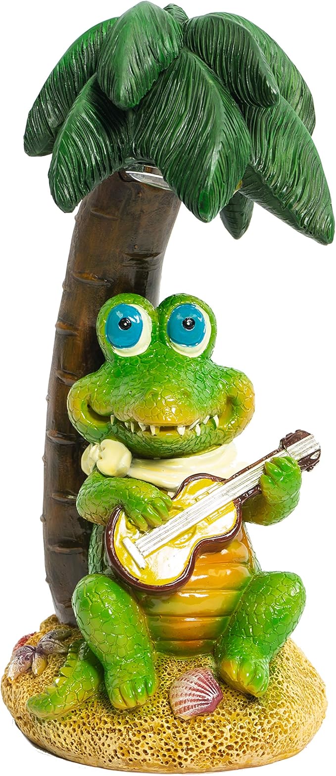 Crosslight Solar Crocodile Playing Guitar Under a Palm Tree Yard Light Decoration, Weatherproof with White LED's