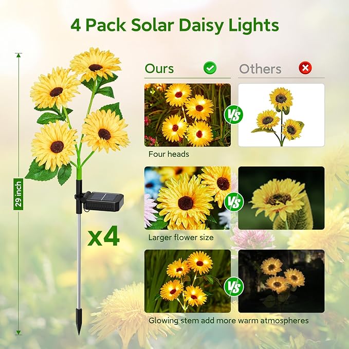 4 Pack Outdoor Solar Garden Lights with 16 Glowing Daisy Flowers & Stems, Waterproof Solar Flowers Lights for Outside Yard Patio Decor