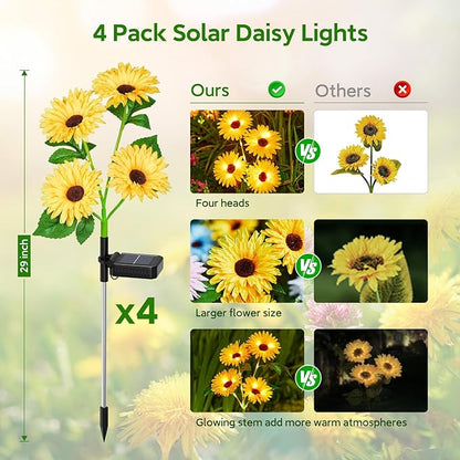 4 Pack Outdoor Solar Garden Lights with 16 Glowing Daisy Flowers & Stems, Waterproof Solar Flowers Lights for Outside Yard Patio Decor