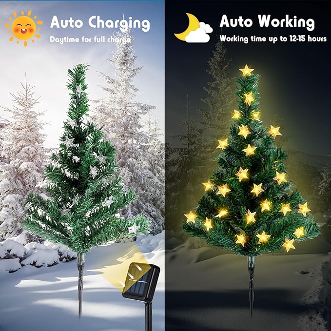 Retisee 6 Pack Solar Christmas Tree Pathway Lights Decorations Outdoor LED Star 8 Modes Prelit Small Christmas Tree Waterproof Solar Stake Lights for Garden, Yard, Lawn, Cemetery
