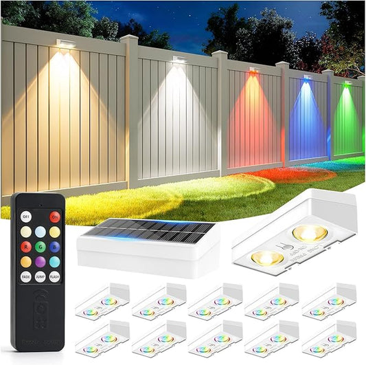 Fence Lights Solar Powered with Remote, 9 Fixed Colors ＆ Color Changing White Fence Lights Waterproof IP65 Dusk-to-Dawn LED Deck Lighting for Patio, Railing, Pool, Porch, Backyard, 12 Pack