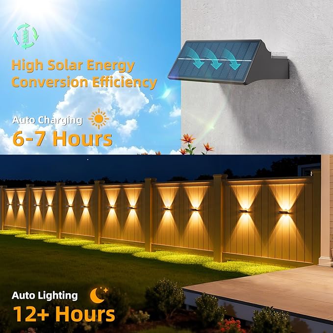 NIORSUN Solar Fence Lights Outdoor, 16 Pack Up and Down Waterproof Solar Wall Lights, Fence Lights with Lens, Warm | Lumora