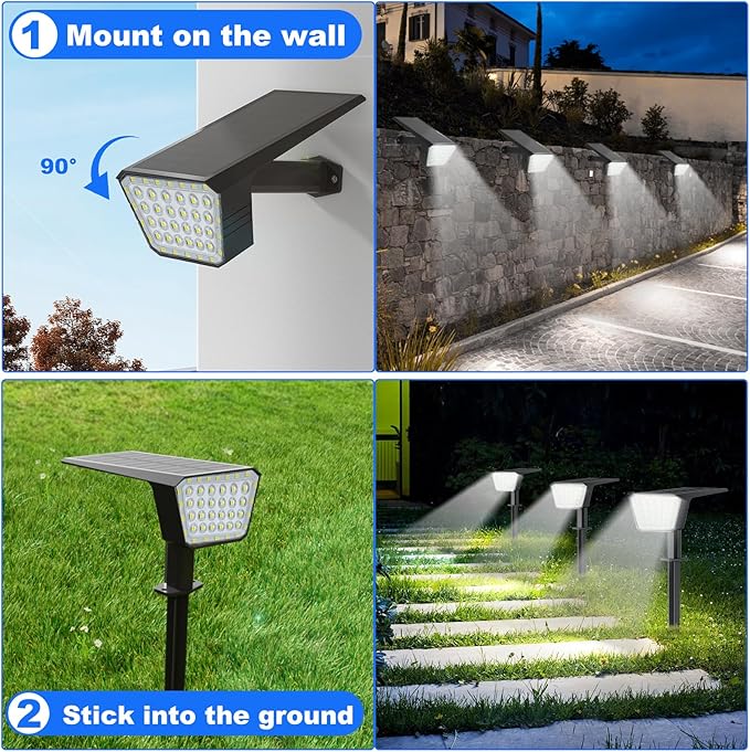 Solar Spot Lights Outdoor, IP65 Waterproof 44 LED Landscape Spotlights, Solar Powered Spotlight with Auto On/Off and 3 Lighting Modes for Outside Garden Decor, 4 Pack (Cool White)