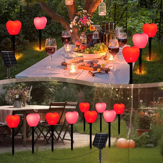 VIHOSE 12 Pack Solar Red Heart Stake Lights for Valentines Day Decor, Valentine's Day Solar Outdoor Waterproof Heart Shaped Pathway Light for Walkway Patio Garden Porch Party(Red, Pink)
