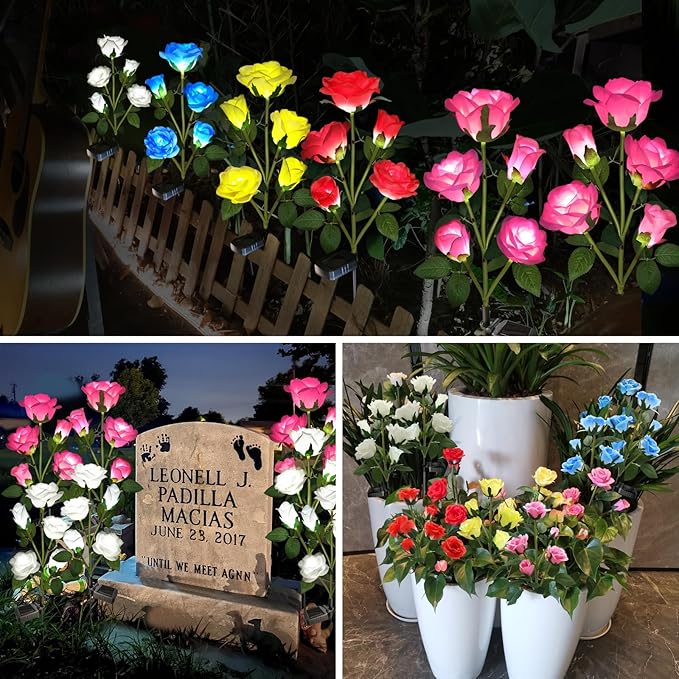 Solar Garden Lights, Solar Outdoor Lights with More Realistic 10 Rose Waterproof Solar Powered Flowers for Outside Patio Yard Pathway Decorations, 2 Pack Pink