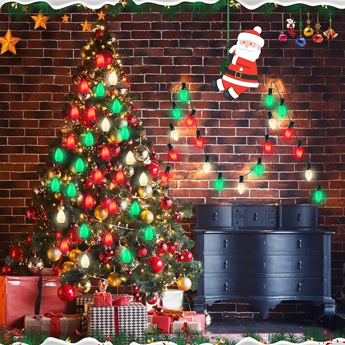 C7 Red White and Green Christmas Lights, 25Ft Vintage Christmas Lights with 27 Ceramic Bulbs, Connectable Xmas Tree Lights Waterproof for Outdoor Roofline Winter Party Holiday Wedding Christmas Decor