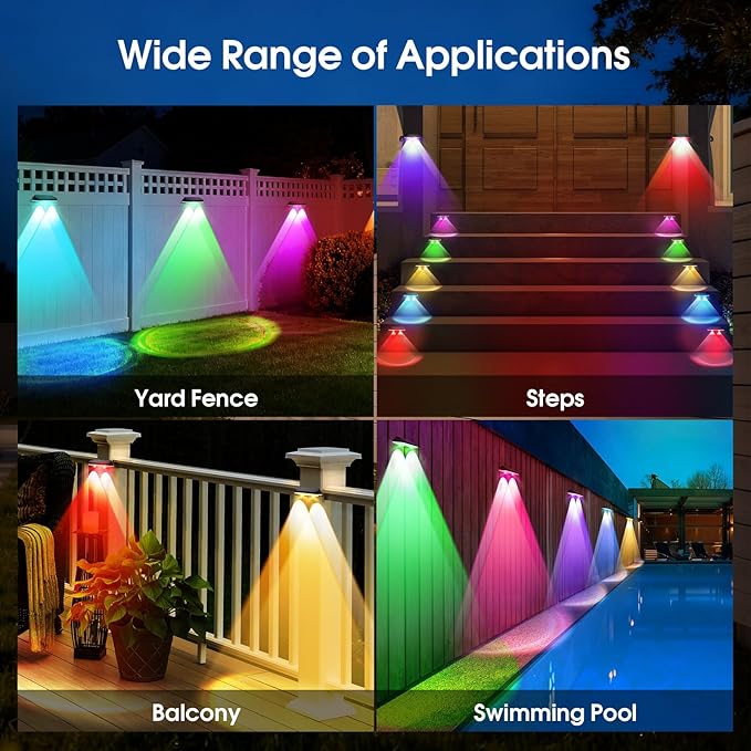 Solar Fence Lights Outdoor, 8 Modes Warm & RGB 6 Color Fence Lights Solar Powered for Outside, IP65 Waterproof, 60 | Lumora