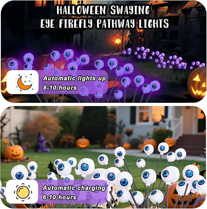 2 Packs 16 LED Halloween Purple Eyeball Decorations Light, Solar Powered Eyeball Waterproof Pathway Lights, Swaying | Lumora