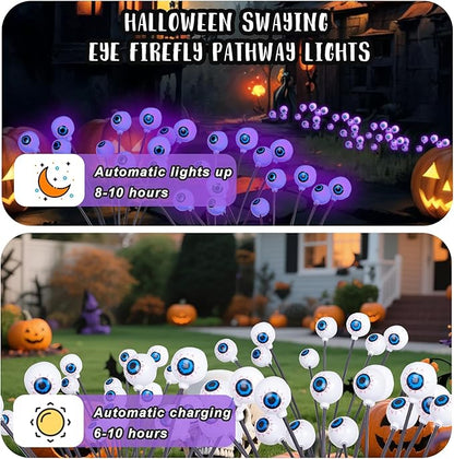 2 Packs 16 LED Halloween Purple Eyeball Decorations Light, Solar Powered Eyeball Waterproof Pathway Lights, Swaying Scary Eye Firefly Lights for Yard Garden Lawn Path