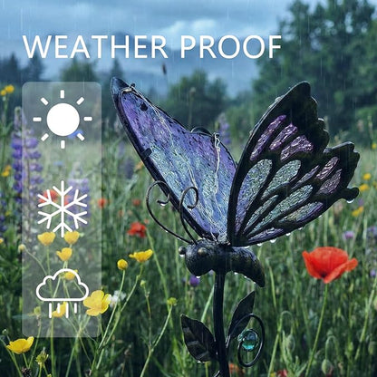 Decorative Outdoor Solar Butterfly Lights,Warm LED Handcrafted Pink Glass Stakes, 35 Inch Tall, Auto On-Off for Up to 8 Hours Glow, Waterproof Yard Patio Ornaments