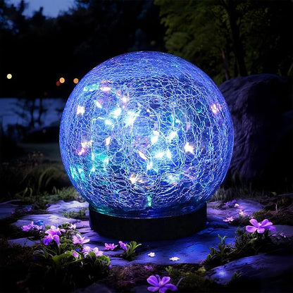 Solar Cracked Quartz Pathway Lights – IP68 Waterproof Dual-Temperature Glow for Garden Safety Artisanal Glass Globe with 10hr Runtime (Patio/Yard Decor) (Multicolored)