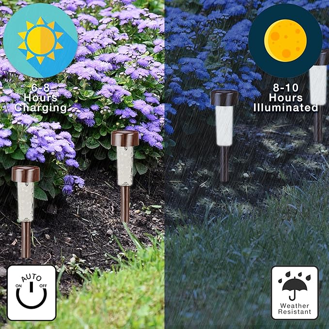 Crosslight Solar Powered Pathway Lights (8 Pack) - Outdoor Stainless Steel White LED Lights, Waterproof for Garden, Yard, Patio, Lawn, Walkway - Decorative Ground Stake Lighting | Bronze